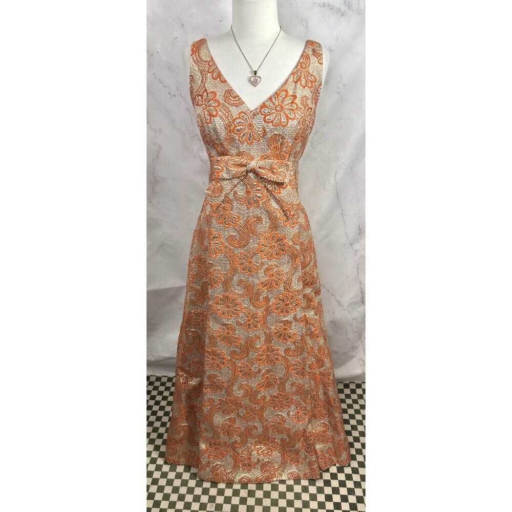 Vintage 60s Kent Originals Empire Waist Evening Gown Dress Orange Brocade 6 S - Picture 15 of 16